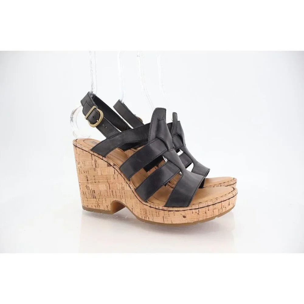 Born Bernese Womens Sandal Size 10 Black Leather Wedge Heel Open Toe Retro Caged